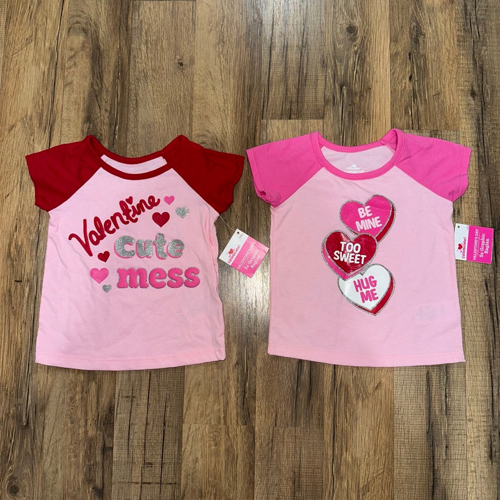 Girls' Celebrate! Valentine's Day Pink & Red Short Sleeve Tees 12 M lot of 2 NEW